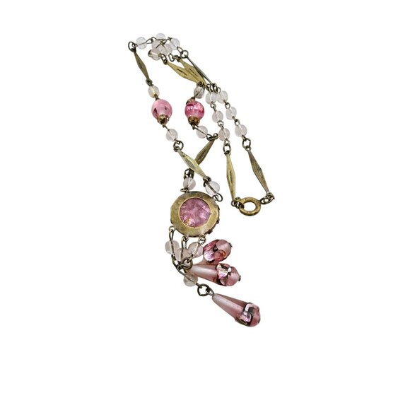Vintage Pink Foil Glass and Brass Deco Dangle Necklace (A8138) - Picture 4 of 5
